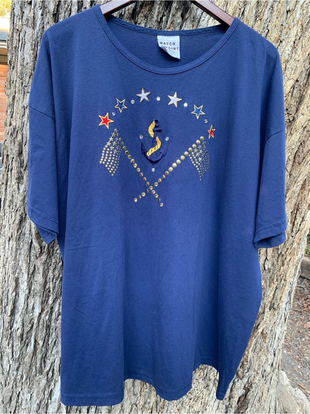 Match Point Navy Embellished Short Sleeve Top